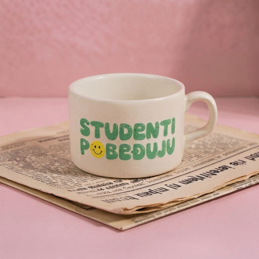 Bela šoljica sa zelenim natpisom Studenti pobeđuju